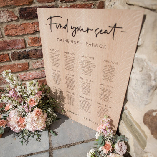 Wood & Black Script Wedding Table Plan