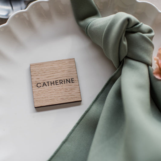 Wood With Black Script Wedding Place Cards